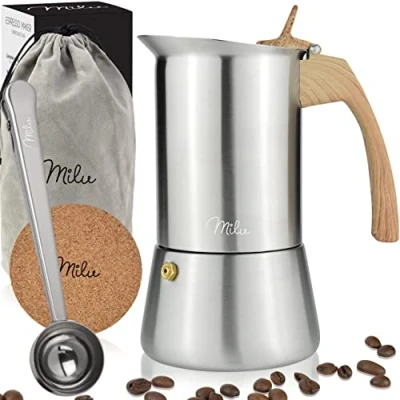 Immagine di Milu Caffettiera Induzione 2, 4, 6, 9 tazze Espresso in Acciaio Inox, Adatta all&#039;Induzione, Set comprendente sottobicchiere, cucchiaio, spazzola (Aspetto legno, (450 ml))