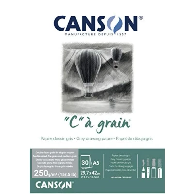 Immagine di Canson&quot;C&quot; à Grain Blocco carta da disegno A3, 30 fogli, 250 g/m2, grigio, grana fine, collato lato corto