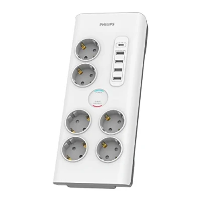 Immagine di Philips SPN7060WA/10 Multipresa a 6 prese Schuko, 4 porte USB 35 W e 1 tipo C, Bloq Alimentazione, cavo intrecciato 2 metri ad alta resistenza, chiusura sicurezza (indicatore LED Prot. Sovraccari)