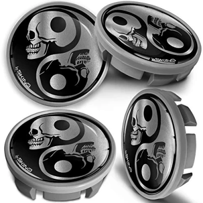 Immagine di SkinoEu Compatibile con Coprimozzo VW 65mm Copricerchi Tappi Ruota Cerchi Lega Ricambio Argento Cranio Yin Yang CVS 5