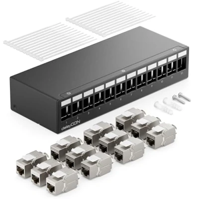 Immagine di deleyCON 12 Porte CAT7 Set di Pannelli Patch con 12x CAT.7 RJ45 Modulo Jack Keystone STP 10 Gbit/s Compatibile Cavo Installazione CAT6 CAT6a CAT8 Rete Ethernet LAN DSL Nero