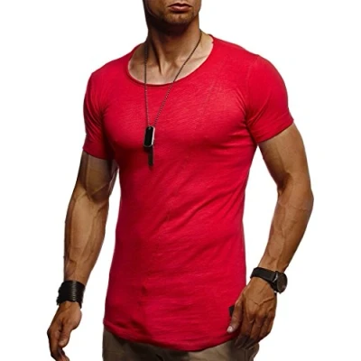 Immagine di Leif Nelson maglietta estiva da uomo, scollo a girocollo, Slim Fit, in cotone, felpa con cappuccio maniche corte LN8209 Colore: rosso M