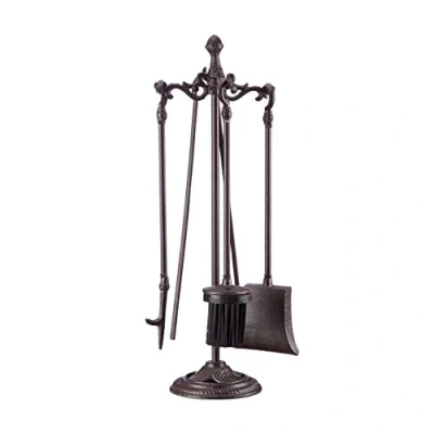 Immagine di relaxdays Camino, 5 Accessori, Paletta, Scopino, Attizzatoio, Pinza, Supporto, HLP 51 x 18 cm, Marrone, colata, 51x18x18 cm
