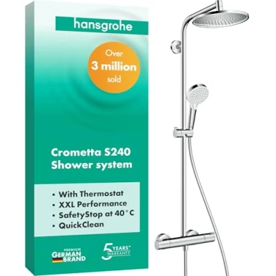 Immagine di hansgrohe Crometta S Colonna doccia con miscelatore termostatico, Sistema (⌀ 240 mm) rubinetto, doccetta (2 getti), tubo, asta e soffione tondo (1 getto), cromo, 27267000