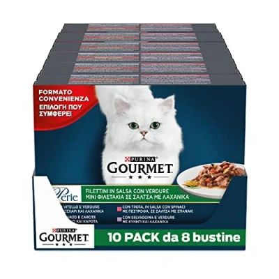 Immagine di Purina Gourmet Perle Filettini in Salsa Cibo Umido per Gatti con Verdure Vitello, Selvaggina, Manzo, Trota, 80 Buste da 85 g