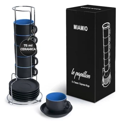 Immagine di MIAMIO 6 x 75 ml Espresso Tazzina da caffè Sei Tazzine Impilabili Set di Tazze Caffè, Ceramica Le Papillon Collezione (Blu)