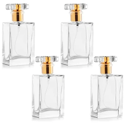Immagine di BELLE VOUS 4 Flaconcini Vuoti Per Liquidi 50 ml in Vetro Trasparente Riutilizzabili Boccette Profumi Trasparenti con Pompa Nebulizzatore Profumo Oro Viaggi, Oli Essenziali e Dopobarba