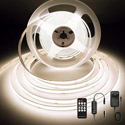 Immagine di BERIXDEEP Striscia LED COB 5 Metri, Bianco Naturale con Alimentatore e Telecomando, CRI&gt;90, DC24V, 480LEDs/M, Larghezza 8mm, Continua senza Punti Luce, 4000K