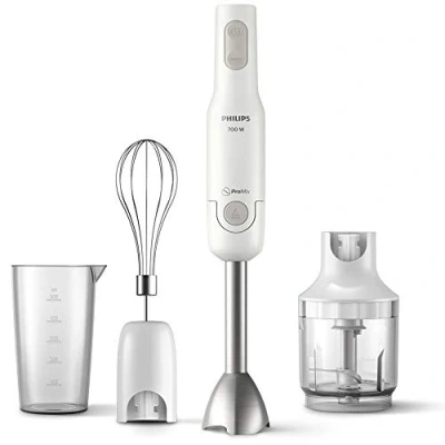 Immagine di Philips Frullatore a Immersione HR2543/00, nuova Daily+ collection, 700W, Bianco, Tecnologia ProMix, 2 impostazioni di velocità + Turbo, barra in metallo, frusta, tritatutto compatto, bicchiere