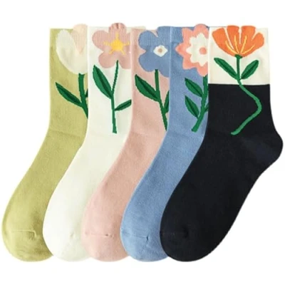Immagine di RosyClouds calzini da donna in cotone per donne e ragazze, 5 paia di con fiori lo sport l&#039;uso quotidiano, fiori, taglia unica
