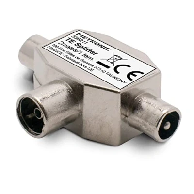 Immagine di Metronic 336211 Distributore TV, splitter coassiale a T, DVB T2, antenna schermato, metallico 2 ingressi maschio 1 uscita femmina