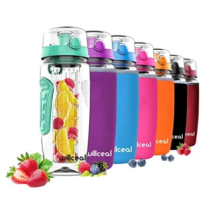 Immagine di Borraccia per l&#039;acqua con infusore frutta,di grandi dimensioni, capacità: 946 ml, resistente, in plastica Tritan priva di bisfenolo A, coperchio a scatto e design prova perdita (Mint)
