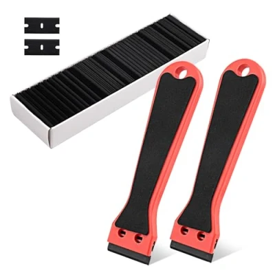Immagine di 2 Pezzi Raschietto in Plastica con 100 Lame per Compasso Manico Lungo, Ideale Rimuovere Adesivi, Residui di Colla ed Etichette, Versatile Molti Usi (Rosso)