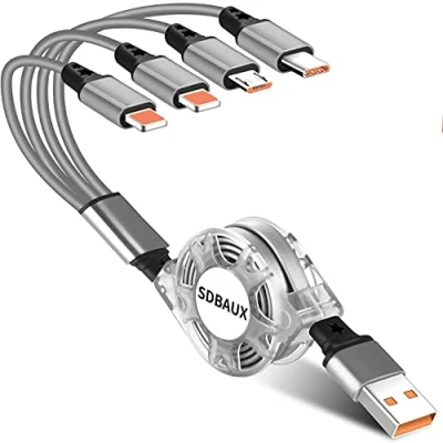 Immagine di SDBAUX Multiplo 4 in 1 Cavo Retrattile USB,1m 2 iP/Micro USB/Tipo C Porta Compatibile per iP/Android Smartphone Regalo Uomo Donna, Google Pixel, Samsung Galaxy, LG(Solo Ricarica) (4 1)