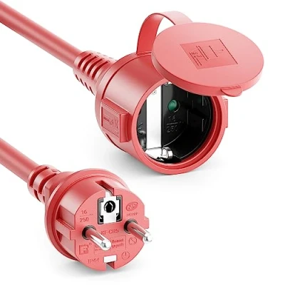 Immagine di deleyCON 50m Cavo di Prolunga Outdoor Estremamente Resistente Alle Intemperie IP44 in Gomma per Uso Permanente All&#039;esterno Contatto Protezione Spina Tipo F (CEE 7/4) a Presa 7/3) Rosso