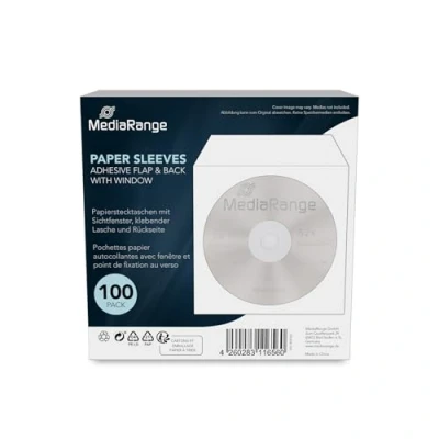 Immagine di MediaRange 100 Pack CD Paper Sleeves with Window and Adhesive Flap Flipside