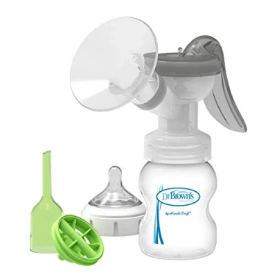 Immagine di Dr. Brown&#039;s Tiralatte manuale con scudo SoftShape in 100% silicone (B, flangia da 25 mm) e opzioni anti coliche + biberon a collo largo 150 ml, capezzolo flusso lento di livello 1