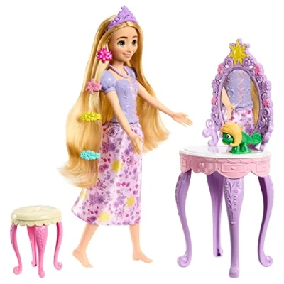 Immagine di Mattel Disney Princess specchiera di Rapunzel, set con bambola Rapunzel abito viola, l&#039;amico Pascal, e 10+ accessori inclusi, giocattolo per bambini, 3+ anni, HLX28