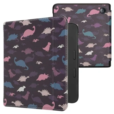 Immagine di kwmobile Custodia eReader Compatibile con Kobo Libra 2 Cover eBook Reader Flip Case viola/giallo/blu Dinosauri