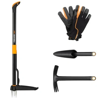 Immagine di Fiskars Set di Attrezzi da Giardino, 4 pezzi, Sarchiatore Xact, Acciaio Inox/Plastica, Zappa e Cazzuola Combinata Solid, FiberComp,Guanti Misura: 10, Nero/Arancio, 1077308