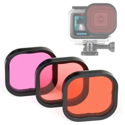 Immagine di GEPULY Confezione da 3 filtri subacquei per GoPro Hero12 11 10 9 8 custodia impermeabile (rosso, rosso chiaro, magenta) Correzione del colore professionale immersioni profonde,