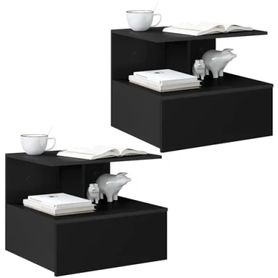 Immagine di WOLTU Comodino Sospeso, Set di 2, per Camera da Letto con 1 Cassetto e Scomparto Aperto, Mobiletto Cameretta Moderno, Fissaggio a Parete, in Legno, Nero, 40x35x31cm