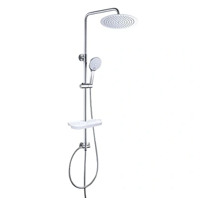 Immagine di JOHO Colonna Doccia idromassaggio con Soffione Senza Miscelatore Set Completo Sistema a pioggia Porta Ogetti Mensola in Acciaio INOX (D20cm Tondo)
