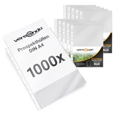Immagine di Versando Cartelline plastica trasparente forate, Set di 1000 (10 x 100), formato A4,