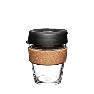 Immagine di tazza da caffè in vetro temperato riutilizzabile KeepCup, viaggio con coperchio a prova di spruzzi, fascia sughero, leggera, senza BPA, media, 340 ml, Nero