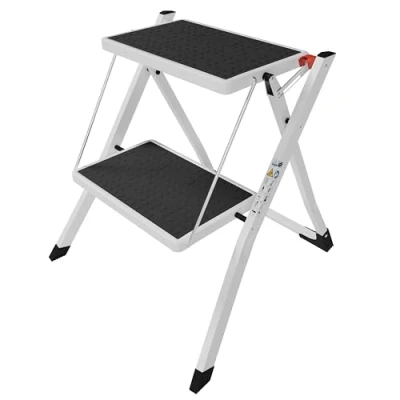 Immagine di Home Vida, Sgabello Pieghevole da Cucina, Scala 2 Scalini, Antiscivolo, Resistente, Metallo, Bianco/Nero, H 45 x L 49 50 cm Circa