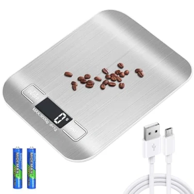 Immagine di bilancia da cucina digitale, 10 kg/1 g, ricaricabile USB, digitale con display LCD e funzione tara, professionale cavo di ricarica a batteria, colore: argento
