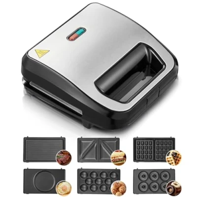 Immagine di Sandwich Maker 6 in 1, Piastra Rivestita Antiaderente 750W, Produttore di Sandwich, Waffle e Grill con Piastre Removibili, Tostapane per Toast Facile da pulire, Automatico Termostatico