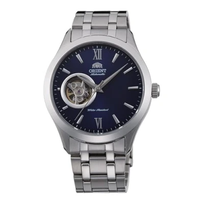 Immagine di Orient Contemporary Open Heart Orologio Da Uomo Automatico a Carica Manuale Casual Bracciale e Cassa In Acciaio Metallizzato Quadrante Blu TAG03001D0 AG03001D