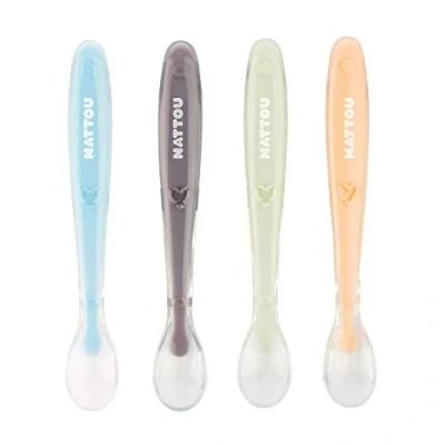 Immagine di Nattou Cucchiaio in silicone per bambini, 4 pezzi, lunghezza 16 cm, con scatola il trasporto 1 cucchiaio, senza BPA, silicone, colorato