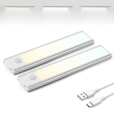 Immagine di Brendz Luce Armadio LED con Sensore di Movimento, 2 x 20 cm, 3 Temperature Colore, Dimmerabile, Magnetica Ricaricabile Led, Notturna, Lampada per Armadio, Argento
