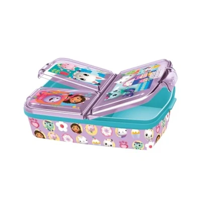 Immagine di p:os 36543 Gabbys Dollhouse Bambini con 3 Scomparti, Pranzo in plastica Chiusura a Clip, Porta merenda per Asilo, Scuola e Tempo Libero, Multicolore,