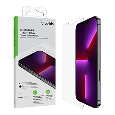 Immagine di Belkin TemperedGlass Proteggi schermo per iPhone 14 Plus, 13 Pro Max, antimicrobico, applicazione facile senza bolle con supporto di allineamento incluso, collaudato resistere a una durezza 9H