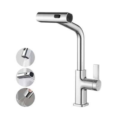 Immagine di Ibergrif M22145 Rubinetto da cucina estraibile, miscelatore per lavello con 3 modalità di spruzzatura, rotazione a 360, acqua calda e fredda, ottone, cromato