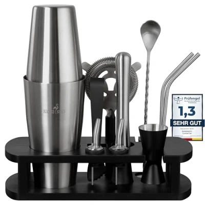 Immagine di BARMINGO set da Cocktail in acciaio inox, 11 pezzi 825 ml Boston shaker con supporto e accessori bar, cocktail, bar nero argento