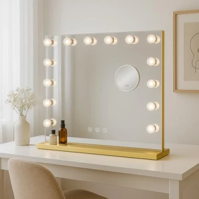 Immagine di Bayt Hollywood Specchio Trucco con Luci 58 x 46 cm da Tavolo 18 Lampadine LED e 3 Modalità Illuminazione di ingrandimento 10x Oro