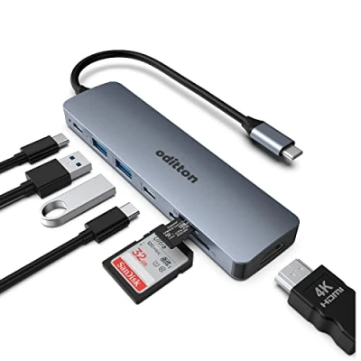 Immagine di Hub USB C, oditton C Dock 7 in 1 con 2 A 3.0, 4K HDMI, Porta di Ricarica PD 100W, Scheda SD/TF, Adattatore Compatibile Type Laptop