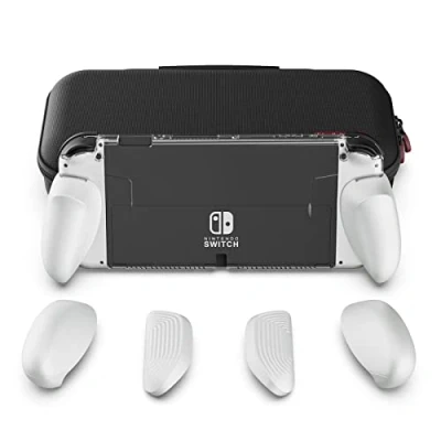 Immagine di Skull &amp; Co. GripCase OLED Bundle for Nintendo Switch Model: A Dockable Transparent Protective Cover Case with Interchangeable Grips [to fit All Hands Sizes] [with Carrying Case] White