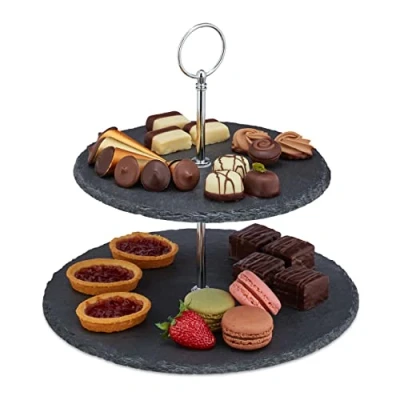 Immagine di Relaxdays Alzata in Ardesia, 2 Piatti per Dolci, Snack &amp; Frutta, Centrotavola con Manico Metallo, Antracite Argento