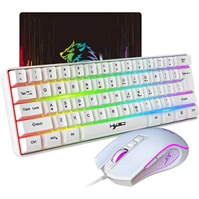 Immagine di HXSJ V700 Set Tastiera e Mouse da Gioco,Tastiera Gioco al 60%,Layout Compatto a 61 Tasti,Illuminazione RGB,Mouse con Sensore Ottico luce LED Colorata,Fino 3600 DPI,per PC,Mac Bianco
