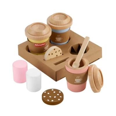 Immagine di Fisher Price Set Pausa caffè in Legno, playset con 15 Pezzi Legno tra Cui Tazze da caffè, Bevande asporto, dolcetti, Biscotti e Marshmallow, Giocattolo per Bambini, 3+ Anni, HXT85