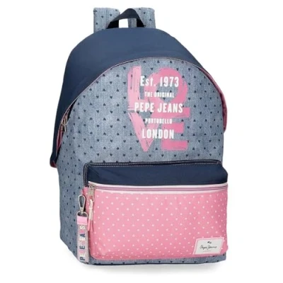 Immagine di Pepe Jeans Joumma Bags Zaino da scuola, blu e rosa, in poliestere, spallacci regolabili, per un comodo trasporto, vari scomparti, con portachiavi pompon, multicolore, 42 adattabile