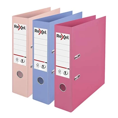 Immagine di Rexel raccoglitore ad anelli in plastica color pastello, formato A4, confezione da 3 (rosa, blu, pesca), meccanismo brevettato n. 1, certificato FSC, etichette per dorso sostituibili,