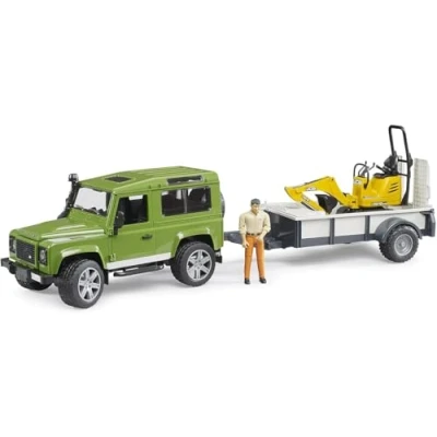 Immagine di bruder 02593 Land Rover Defender Station Wagon con rimorchio monoasse, microescavatore JCB 8010 CTS, operaio edile