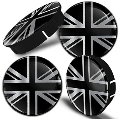Immagine di Biomar Labs® 4 x 60mm Coprimozzi Copricerchi Tappi Ruote Auto Logo Stemma Bandiera Nazionale UK GB Union Jack Regno Unito United Kingdom Argento Nero C 108