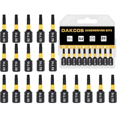 Immagine di DAKCOS T15 Bit, Torx Bit T15, assortimento di punte S2, punta avvitamento 1/4&quot; asta esagonale (lunghezza 25 mm, 20 pezzi)